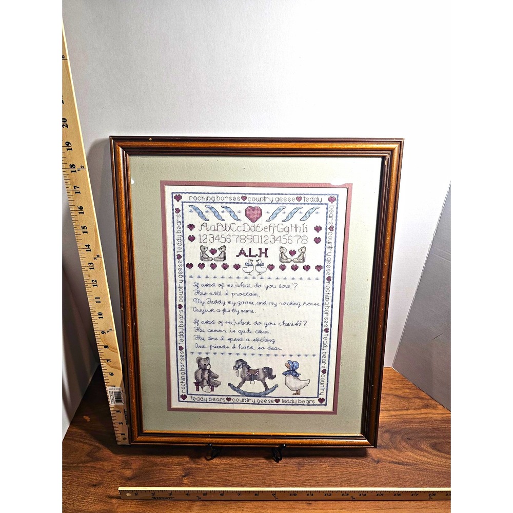 Vintage Framed Completed Cross Stitch Sampler Teddy Bear Goose Rocking Horse Art